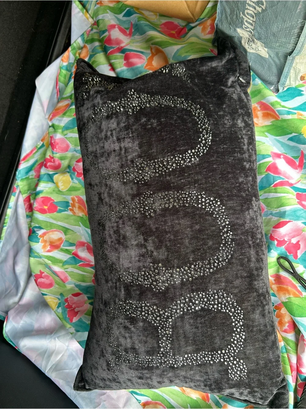 Plush Velvet Decorative Throw Pillow in Charcoal with Embellished Accent